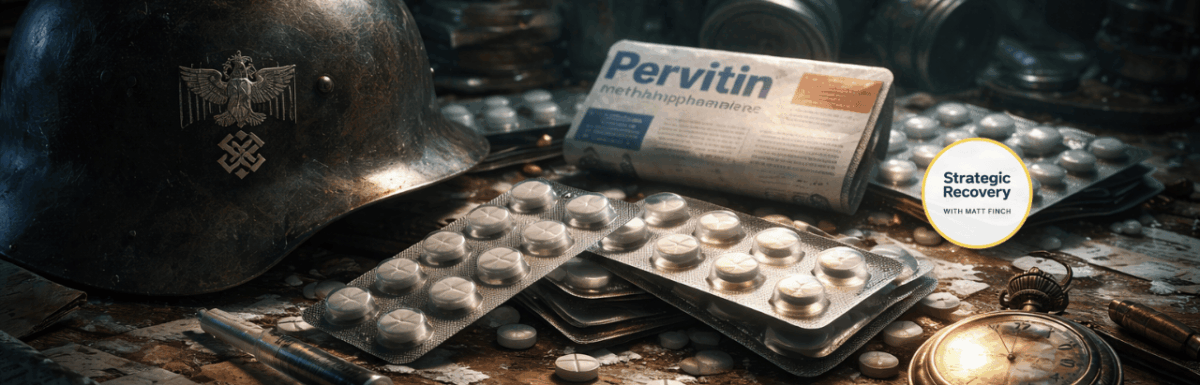 Cinematic still life depicting Pervitin methamphetamine used in Nazi Germany, symbolizing performance pressure, stimulant use, and systemic collapse.