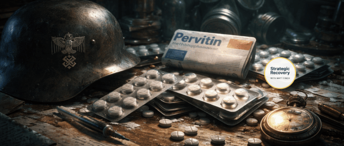 Cinematic still life depicting Pervitin methamphetamine used in Nazi Germany, symbolizing performance pressure, stimulant use, and systemic collapse.