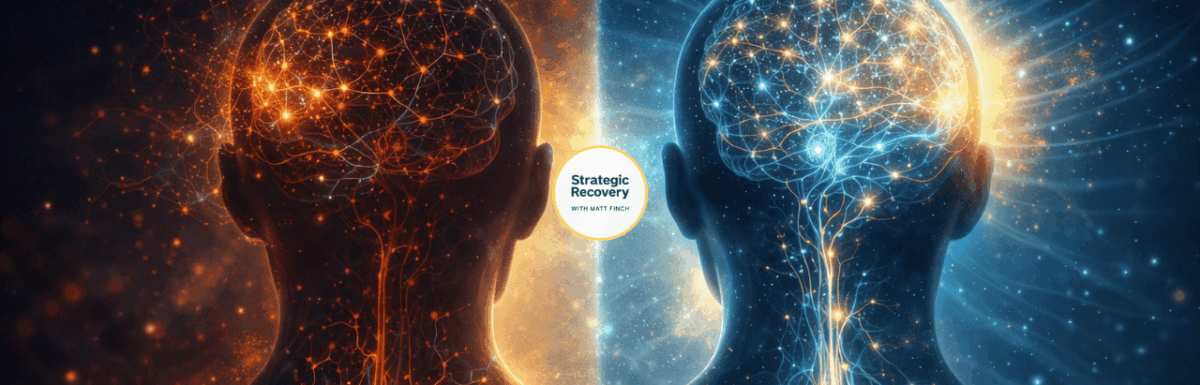 Illustration showing the brain and nervous system healing after Post-Acute Withdrawal Syndrome (PAWS), transitioning from dysregulation to calm, coherent neural balance in addiction recovery.
