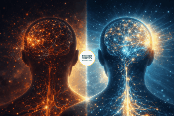Illustration showing the brain and nervous system healing after Post-Acute Withdrawal Syndrome (PAWS), transitioning from dysregulation to calm, coherent neural balance in addiction recovery.
