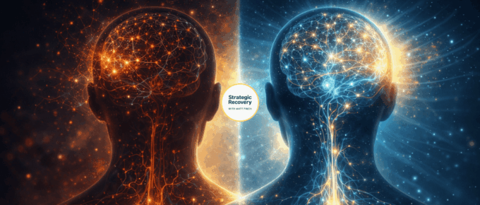 Illustration showing the brain and nervous system healing after Post-Acute Withdrawal Syndrome (PAWS), transitioning from dysregulation to calm, coherent neural balance in addiction recovery.