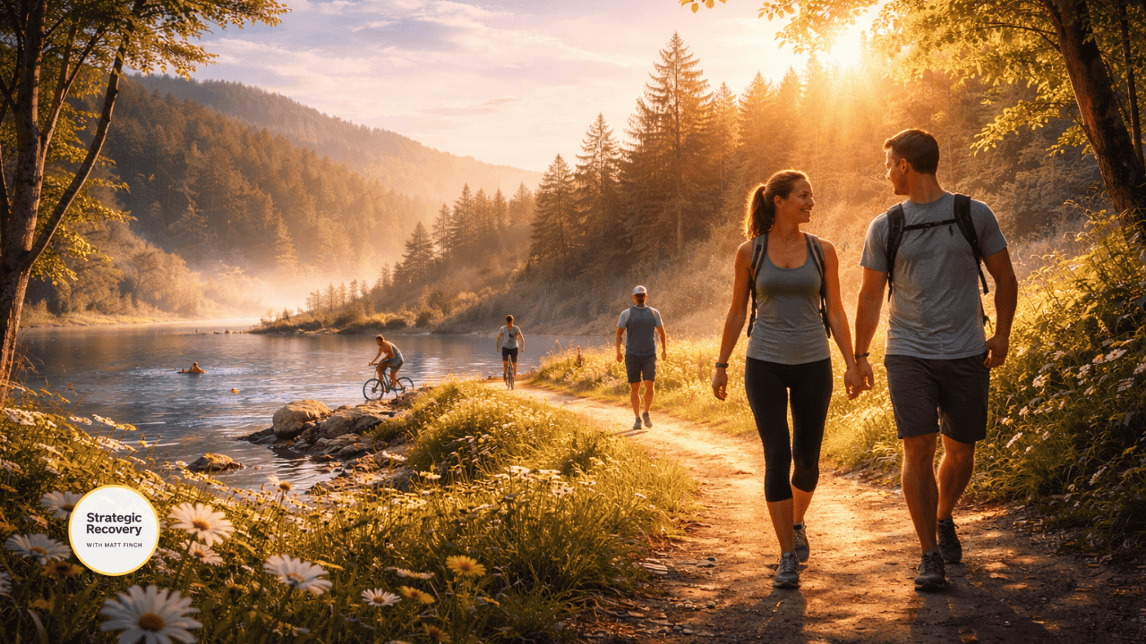 Cinematic outdoor scene of people walking, cycling, and swimming in sunlight, representing rhythmic movement, endorphin release, and nervous system regulation.
