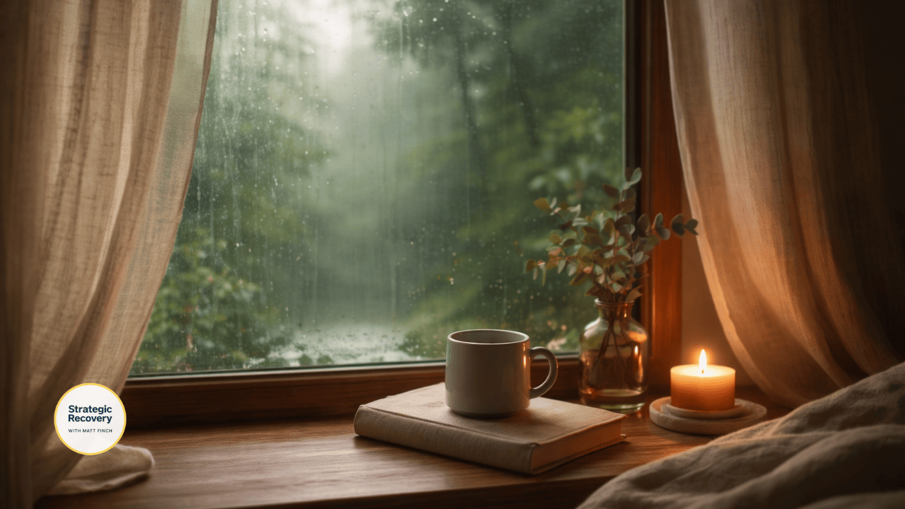 A calm interior space with soft light and stillness inside while gentle rain moves outside the window, symbolizing internal nervous system regulation and emotional containment during recovery.