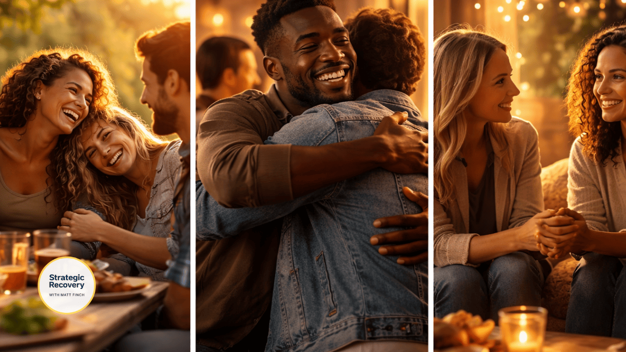 People sharing warm, supportive social connection through conversation and closeness, representing how belonging and emotional safety support serotonin regulation in addiction recovery.