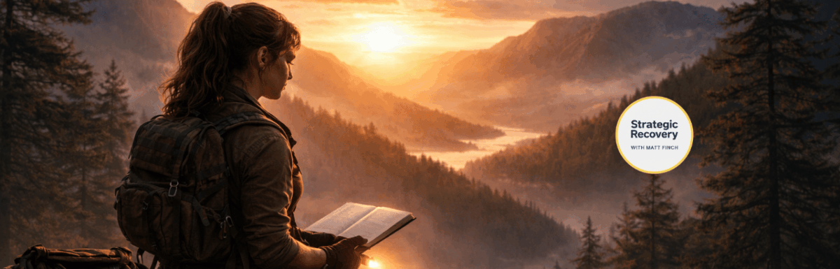 A woman sitting on a mountain overlook at sunset, holding a journal and flashlight, symbolizing strategy, preparation, and inner strength on the path of addiction recovery.