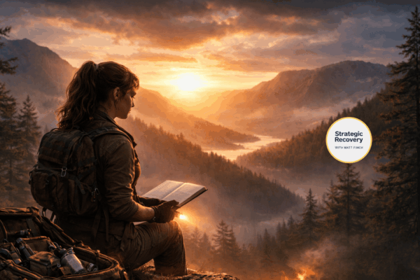 A woman sitting on a mountain overlook at sunset, holding a journal and flashlight, symbolizing strategy, preparation, and inner strength on the path of addiction recovery.