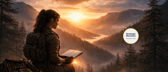 A woman sitting on a mountain overlook at sunset, holding a journal and flashlight, symbolizing strategy, preparation, and inner strength on the path of addiction recovery.