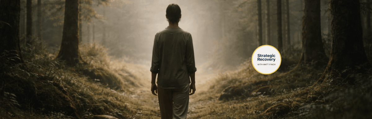 Cinematic forest scene with a person walking into soft morning light, symbolizing recovery, balance, and rediscovering aliveness.