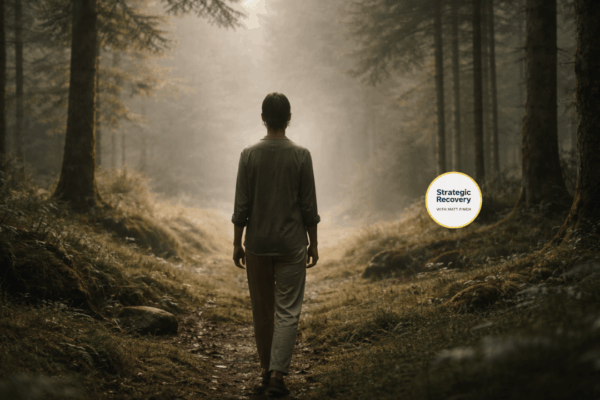 Cinematic forest scene with a person walking into soft morning light, symbolizing recovery, balance, and rediscovering aliveness.