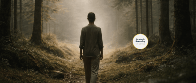 Cinematic forest scene with a person walking into soft morning light, symbolizing recovery, balance, and rediscovering aliveness.