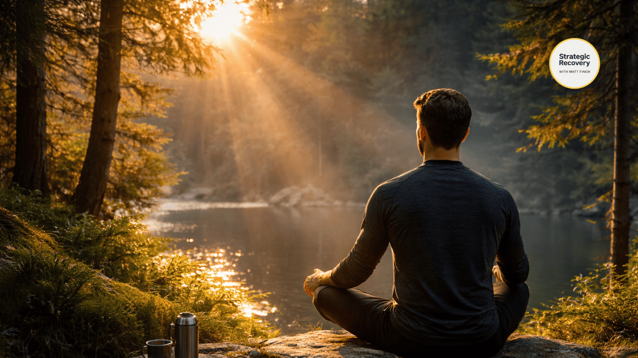 Cinematic image of a calm person by a forest lake, symbolizing nervous system safety, internal relief, and restored resilience.