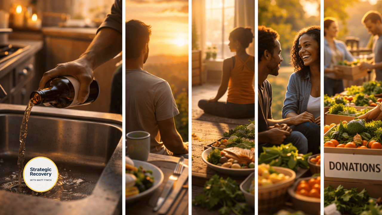 A cinematic triptych illustrating the Strategic Recovery serotonin restoration framework, showing removal of artificial comfort, restoration of daily rhythm, nourishment and gut repair, social connection, and purposeful contribution to support nervous system regulation in addiction recovery.