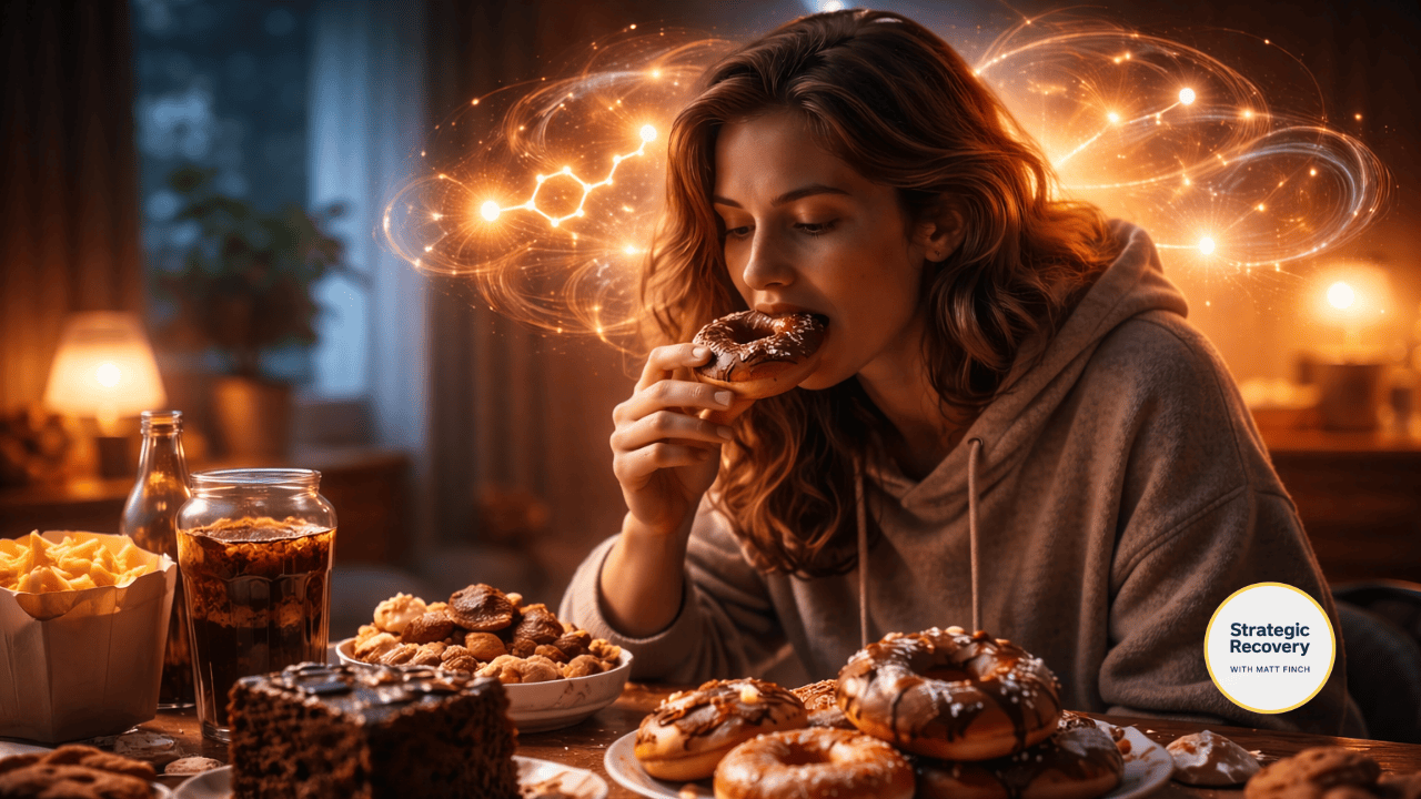 A person eating sugary comfort foods in a quiet, dimly lit kitchen, symbolizing how low serotonin can drive comfort-seeking through sugar and refined carbohydrates during emotional instability.