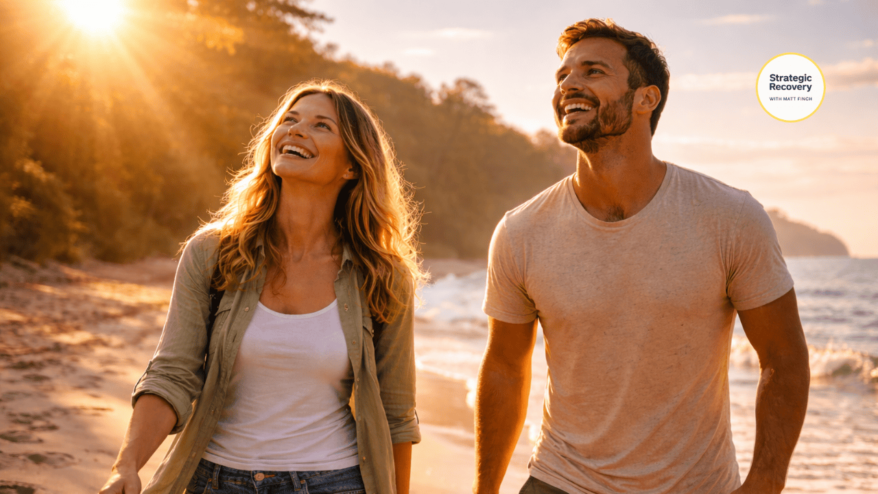 Cinematic image of two people walking along a sunlit beach, representing restorative sunlight exposure, nature connection, and nervous system balance.