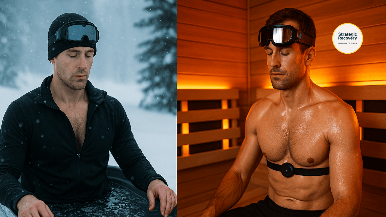 Cinematic split image showing calm cold exposure outdoors and seated sauna heat exposure, representing brief temperature contrast used to support endorphin rebound.