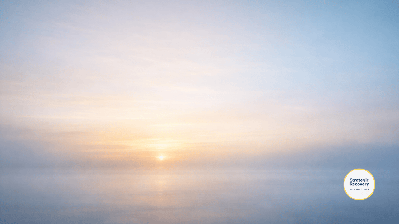 Cinematic dawn landscape with soft golden light emerging through pale blue mist, evoking peace, completion, and quiet remembering.