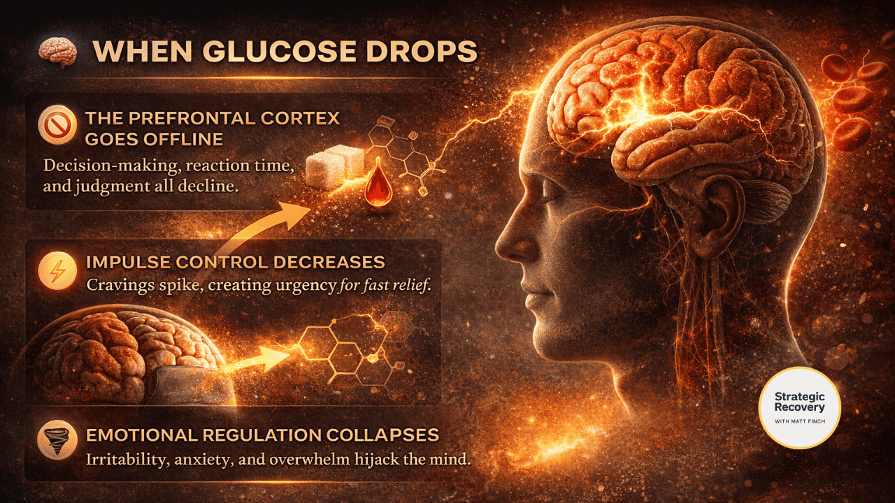 Infographic showing how low blood sugar causes the prefrontal cortex to go offline, reducing impulse control and emotional regulation.