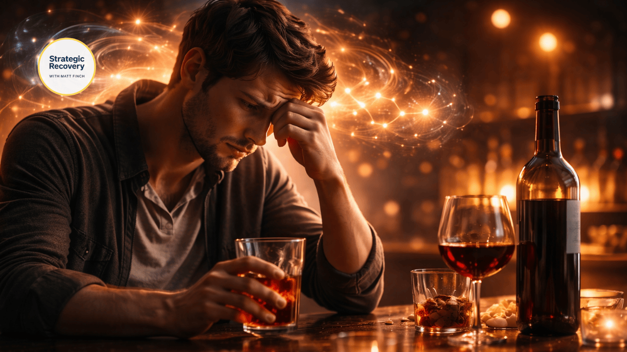 Man sitting alone at a dimly lit bar holding a drink, reflecting how alcohol can feel comforting at first and then become emotionally punishing.