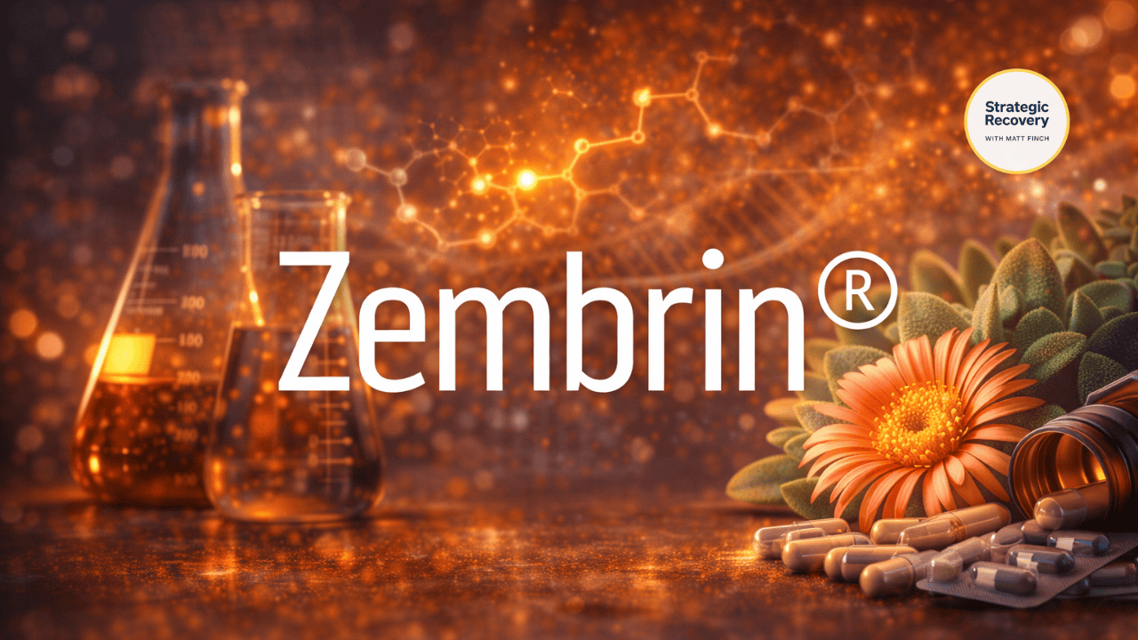 Zembrin® standardized Kanna extract shown with capsules, laboratory glassware, and botanical elements representing calm serotonin support in addiction recovery