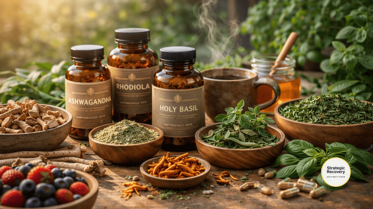 A cinematic still-life of adaptogenic herbs for PAWS recovery, featuring labeled bottles of ashwagandha, rhodiola, and holy basil surrounded by dried roots, powders, herbal tea, and greenery, symbolizing stress regulation and nervous system balance.