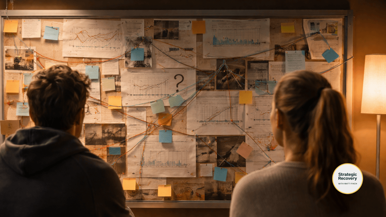 Two people studying a complex wall of charts, notes, and connecting threads, symbolizing how comparing recovery timelines creates confusion during PAWS and obscures the reality that each nervous system heals along a unique path.