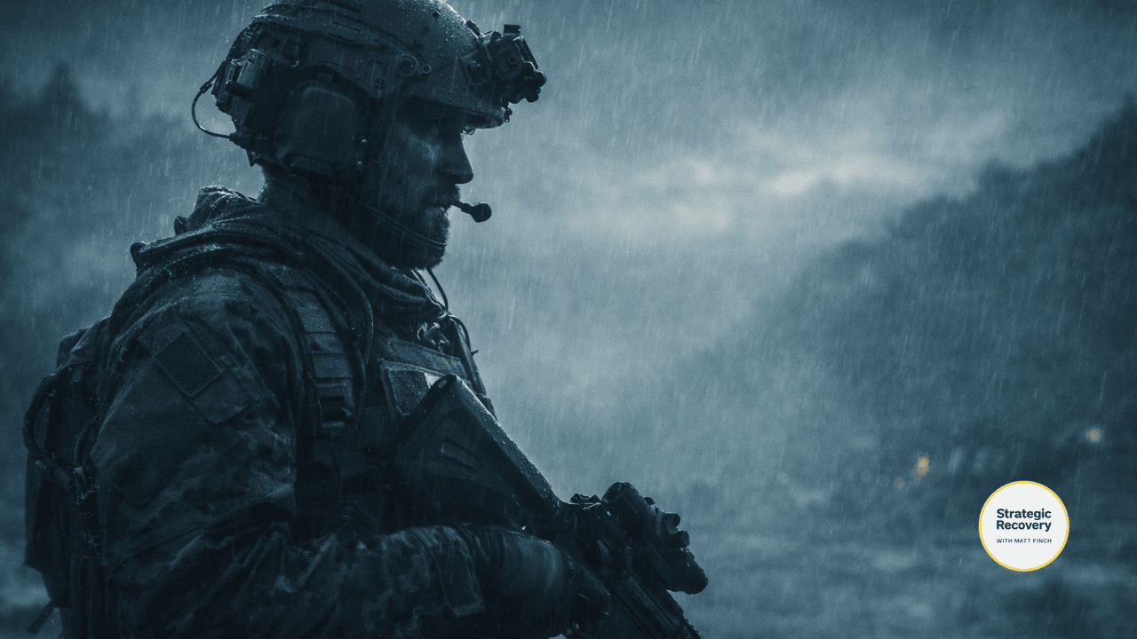 Cinematic image of a Navy SEAL standing steady in harsh storm conditions, symbolizing orientation, resilience, and staying grounded during difficult phases of healing such as PAWS.