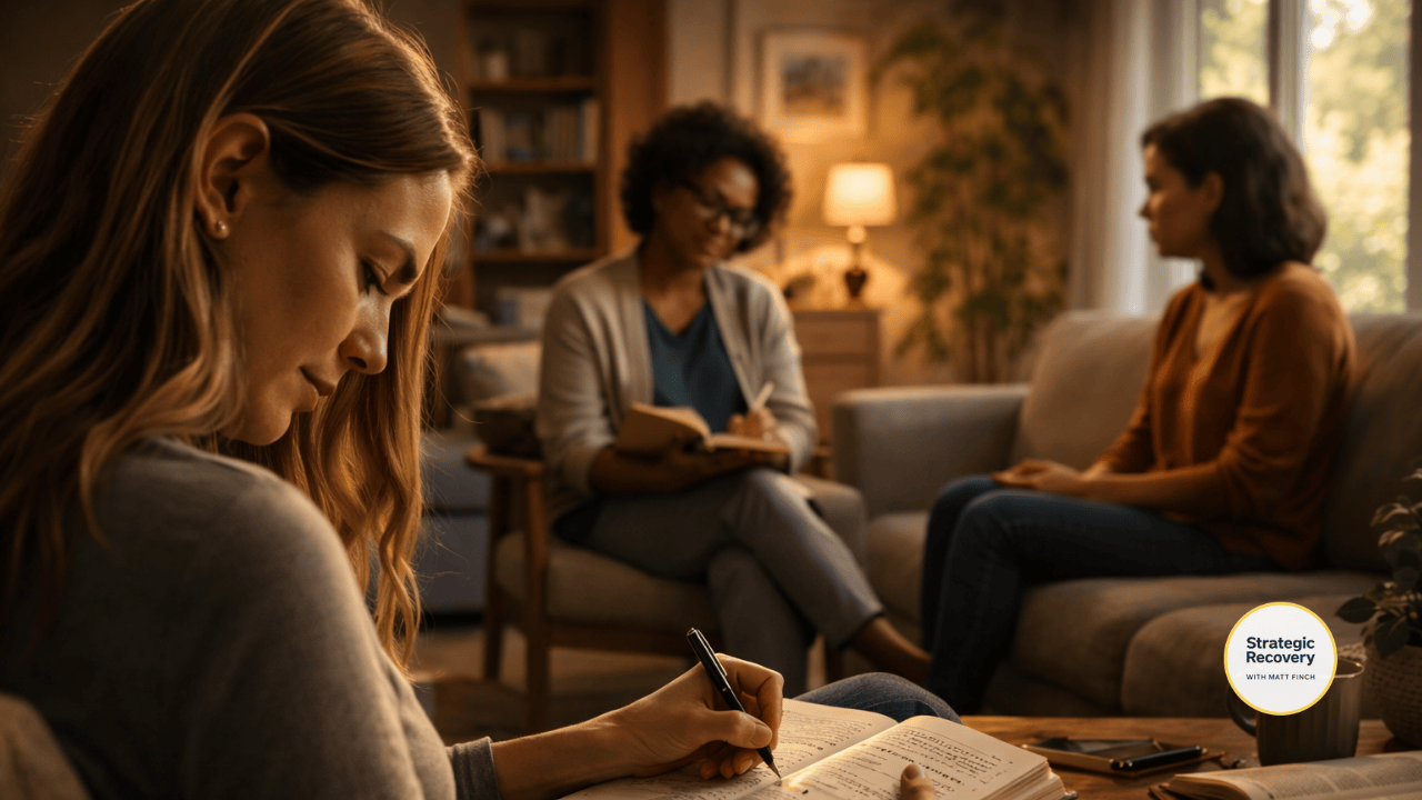 A calm, warmly lit setting representing emotional hormesis during PAWS, with supportive conversation and reflection that help the nervous system feel safe and build resilience.