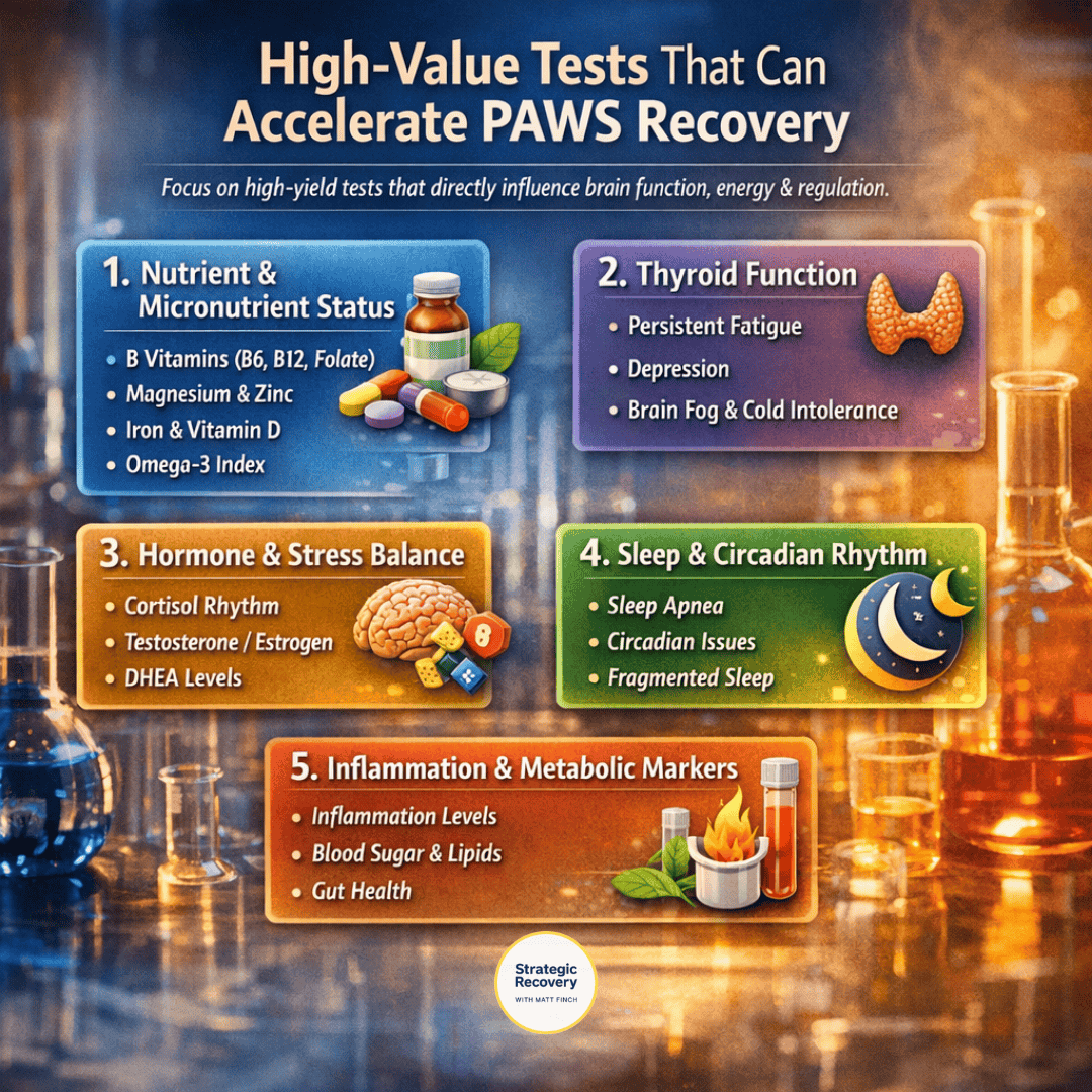 Infographic showing high-value lab tests that can accelerate PAWS recovery, including nutrient and micronutrient status, thyroid function, hormone and stress balance, sleep and circadian rhythm assessment, and inflammation and metabolic markers.