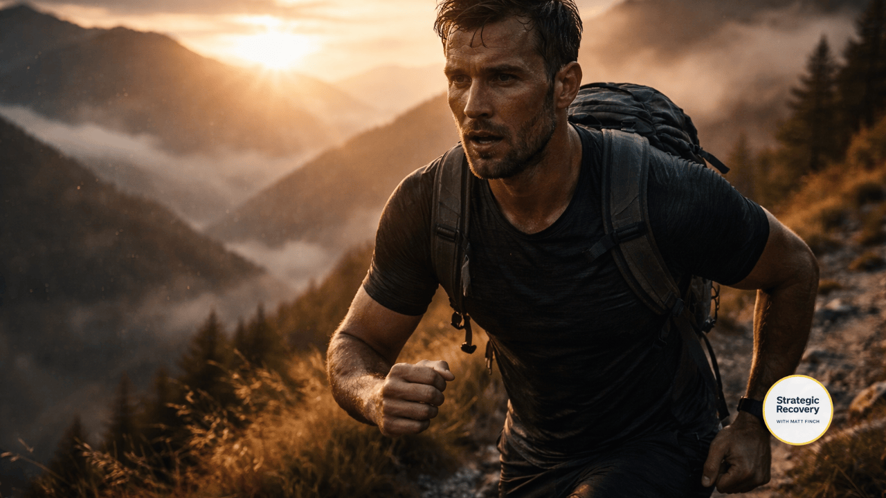 Cinematic image of a determined person moving uphill through rugged terrain at sunrise, symbolizing effort, growth, and honoring the struggle during PAWS recovery and nervous system rebuilding.