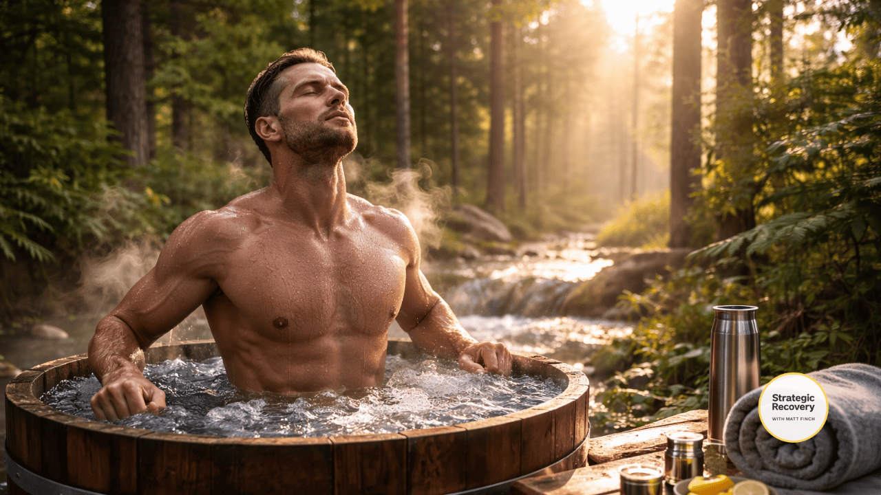 A calm athletic man using controlled cold exposure outdoors at sunrise, symbolizing gentle hormetic stress and nervous system recovery during PAWS.
