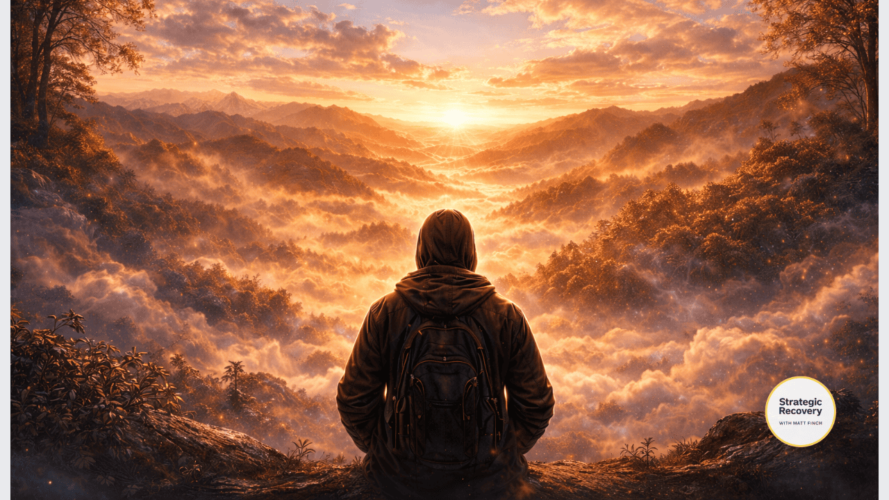 A calm cinematic landscape at sunrise symbolizing orientation, safety, and steady pacing while navigating PAWS recovery.