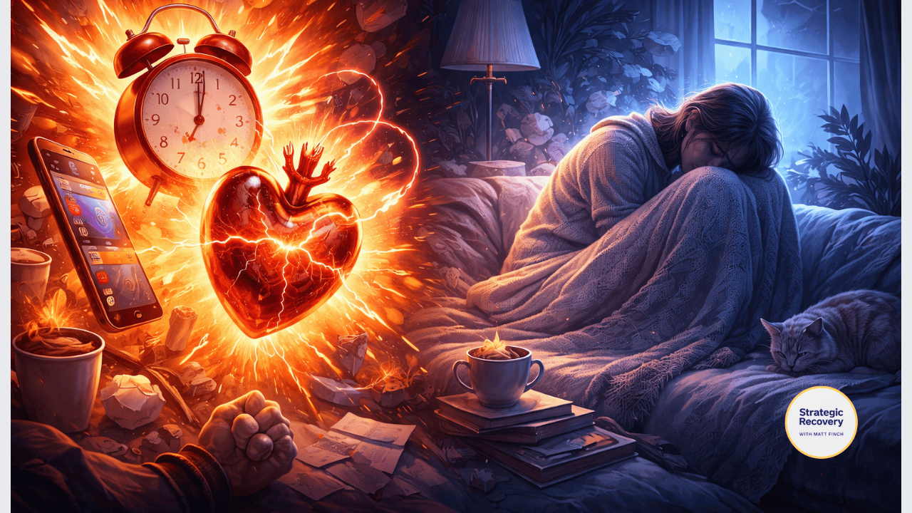 Cinematic split image showing hyperarousal and hypoarousal nervous system states during PAWS, with fiery fight-or-flight energy on the left and cool freeze-state shutdown energy on the right.