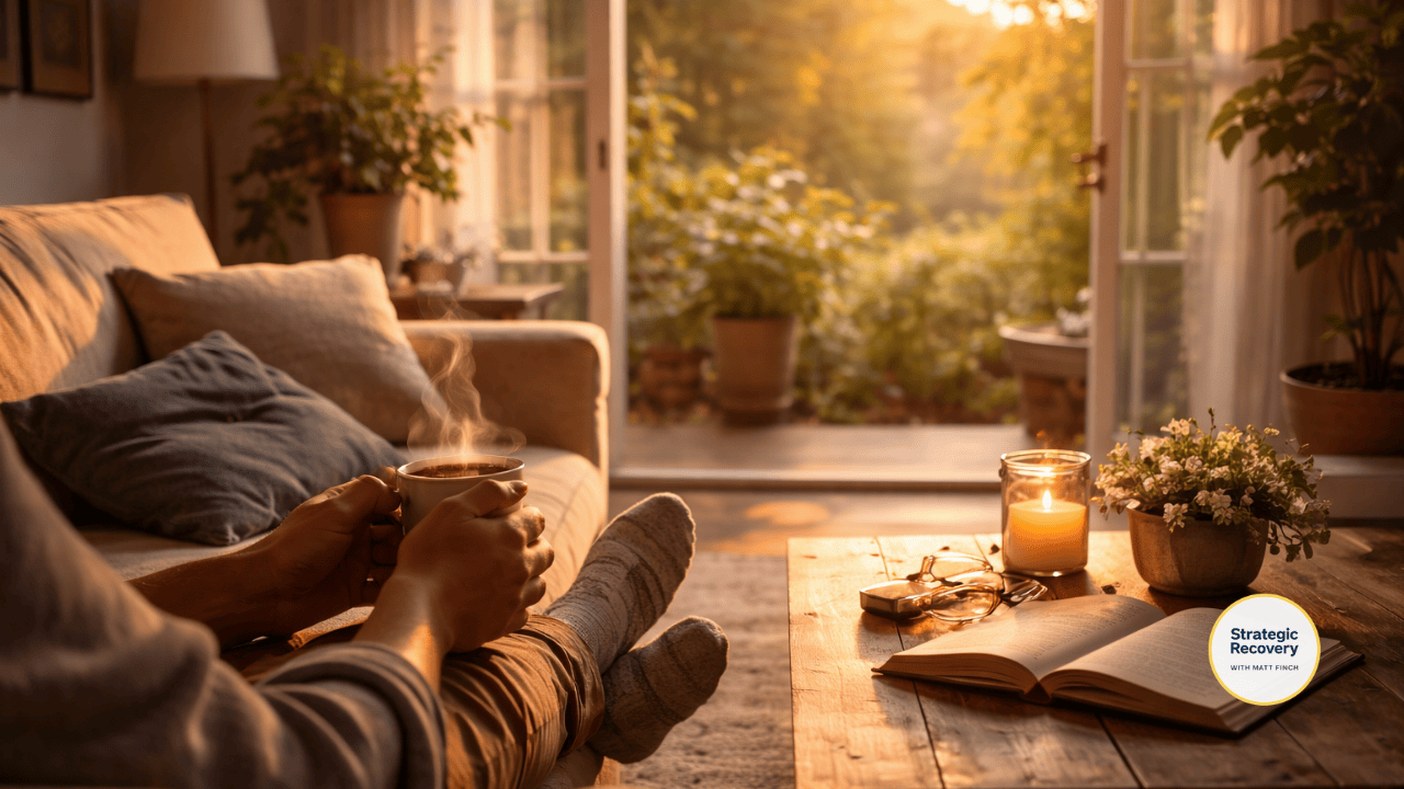 A calm living space at golden hour with soft natural light and a person resting comfortably, symbolizing nervous system regulation, emotional stability, and quiet life after PAWS.