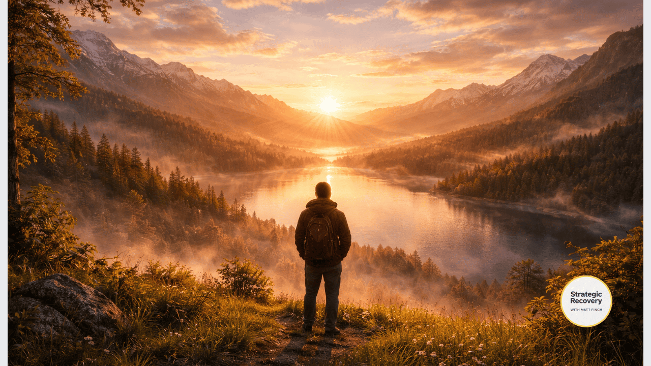 A lone figure standing on a hill at sunrise overlooking a calm lake and mountains, symbolizing life after PAWS, nervous system regulation, quiet resilience, and steady emotional freedom.