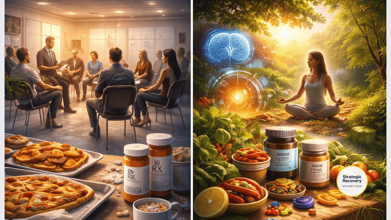 Cinematic split-scene showing a traditional rehab setting with group therapy, medications, and processed food contrasted against a natural environment featuring whole foods, supplements, nervous system regulation, and holistic brain repair.