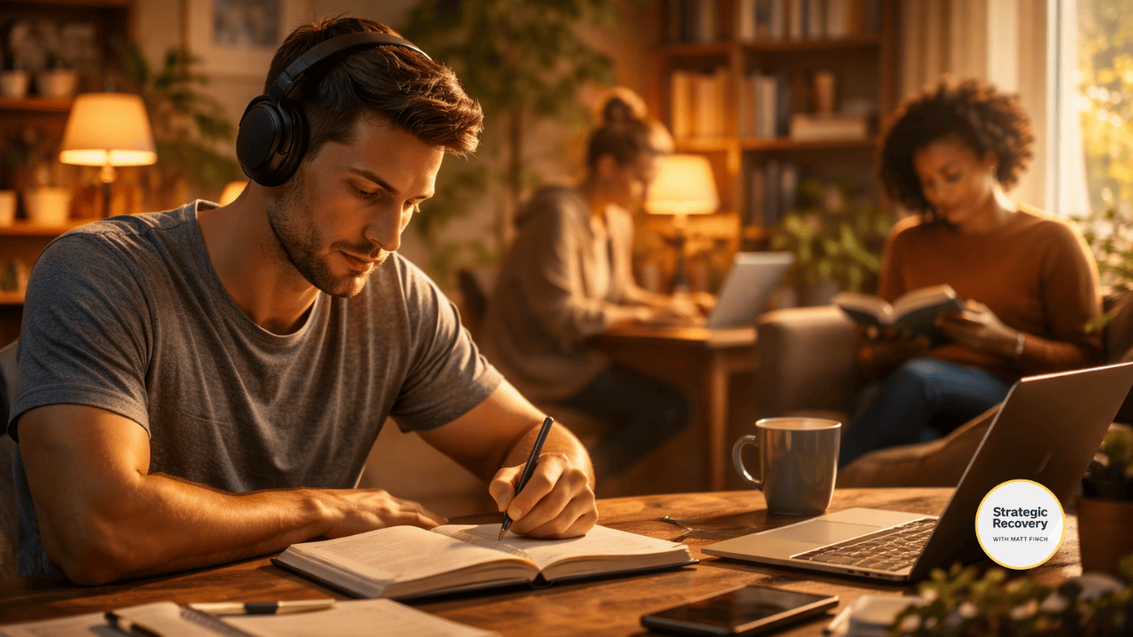 A calm, focused scene representing mental hormesis during PAWS, showing small, meaningful cognitive engagement that rebuilds focus, agency, and trust in the mind.