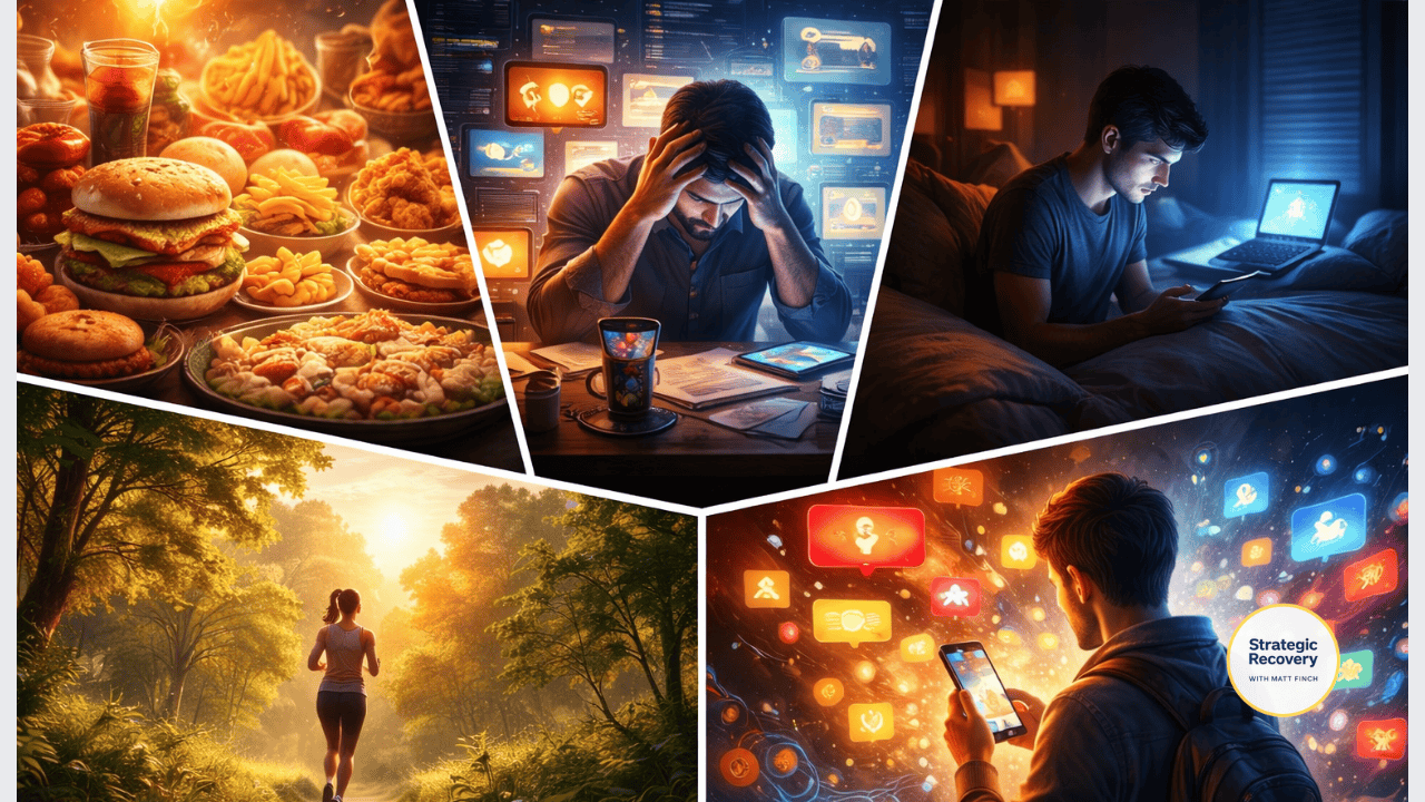 Cinematic collage illustrating modern factors that prolong PAWS, including ultra-processed food, chronic stress, sleep disruption from screens, dopamine overload from digital media, and the loss of natural regulation inputs like sunlight, movement, and nature.