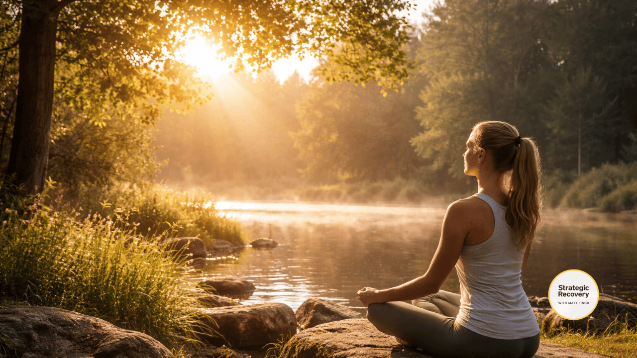 A cinematic morning scene of a person sitting peacefully by a river at sunrise, bathed in warm golden light, symbolizing how natural sunlight supports circadian rhythm, mood stability, dopamine balance, and nervous system healing during PAWS.