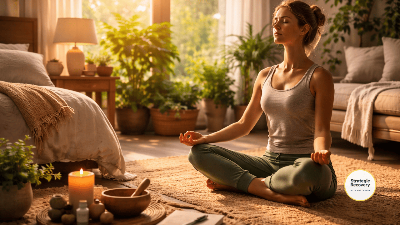 A cinematic morning scene of a person sitting calmly in meditation inside a sunlit, plant-filled bedroom, symbolizing nervous system regulation through gentle routines, rhythmic breathing, predictable sleep, and a sense of safety during PAWS recovery.