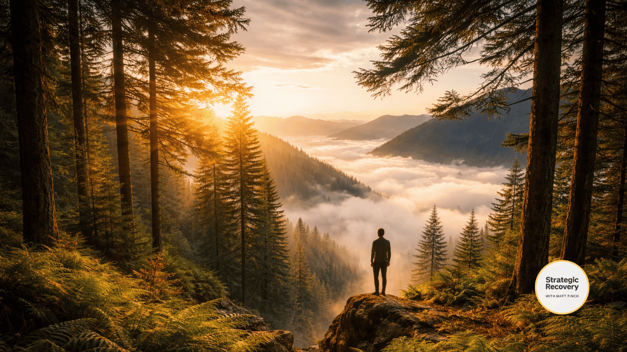 Silhouette standing on a forest cliff at sunrise overlooking a mist-filled valley, symbolizing nervous system calibration, perspective, and inner regulation in addiction recovery.