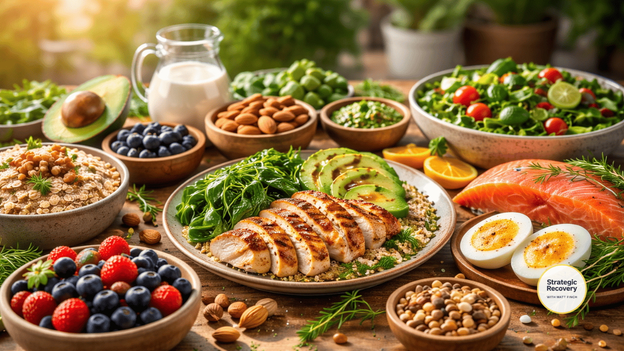 A cinematic overhead view of whole, nutrient-dense foods for PAWS recovery, including grilled chicken, salmon, eggs, quinoa, leafy greens, berries, nuts, and healthy fats, symbolizing blood sugar stability, brain repair, and nervous system regulation.