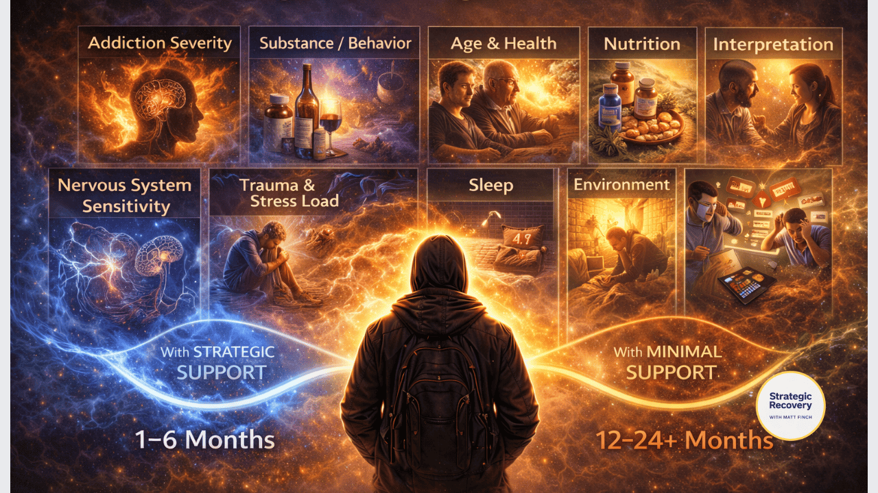 Cinematic illustration showing a person at the center of multiple influencing factors such as biology, environment, nervous system sensitivity, nutrition, sleep, and stress, illustrating that PAWS duration and severity respond to support conditions rather than a fixed timeline.