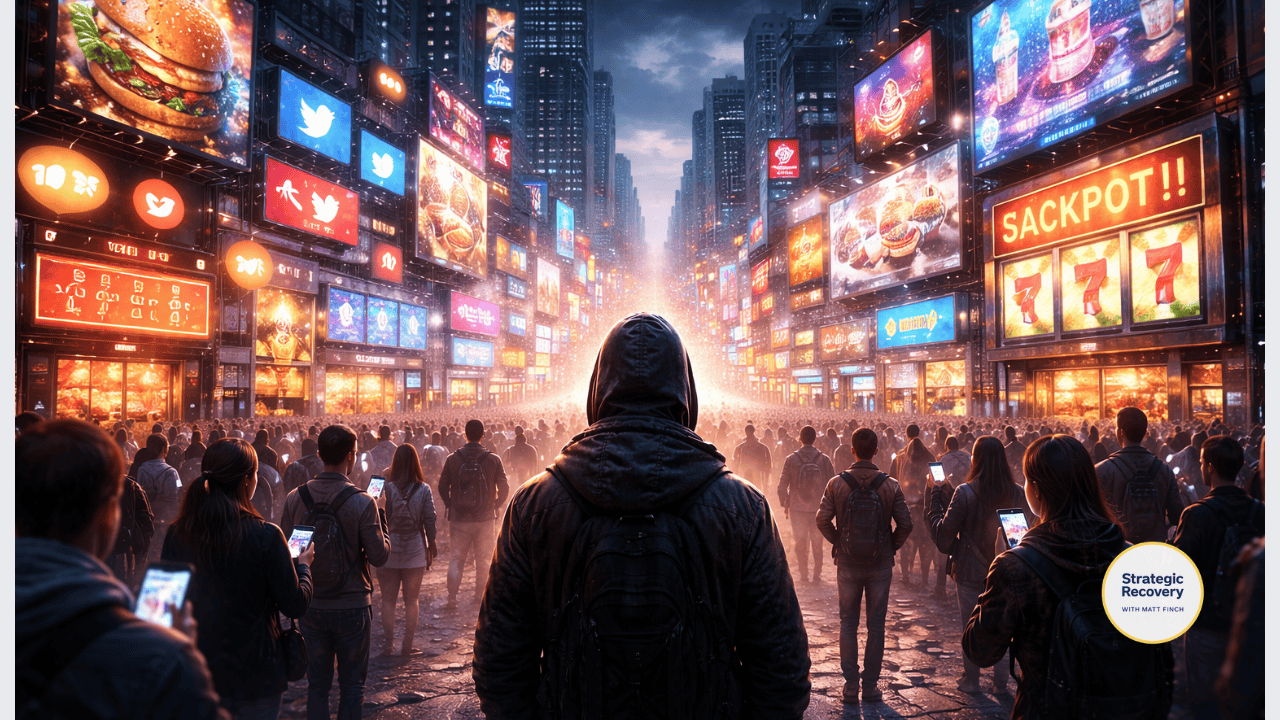 A solitary figure standing in a crowded futuristic city filled with glowing screens and advertisements, symbolizing how modern overstimulation and dopamine overload make post-acute withdrawal syndrome harder to heal.