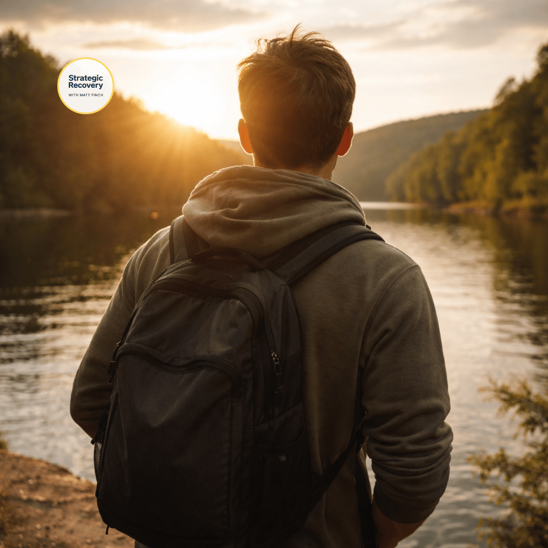 A person standing calmly at the edge of a river at golden hour, facing the horizon, symbolizing restored regulation, grounded recovery, and returning to self after PAWS.
