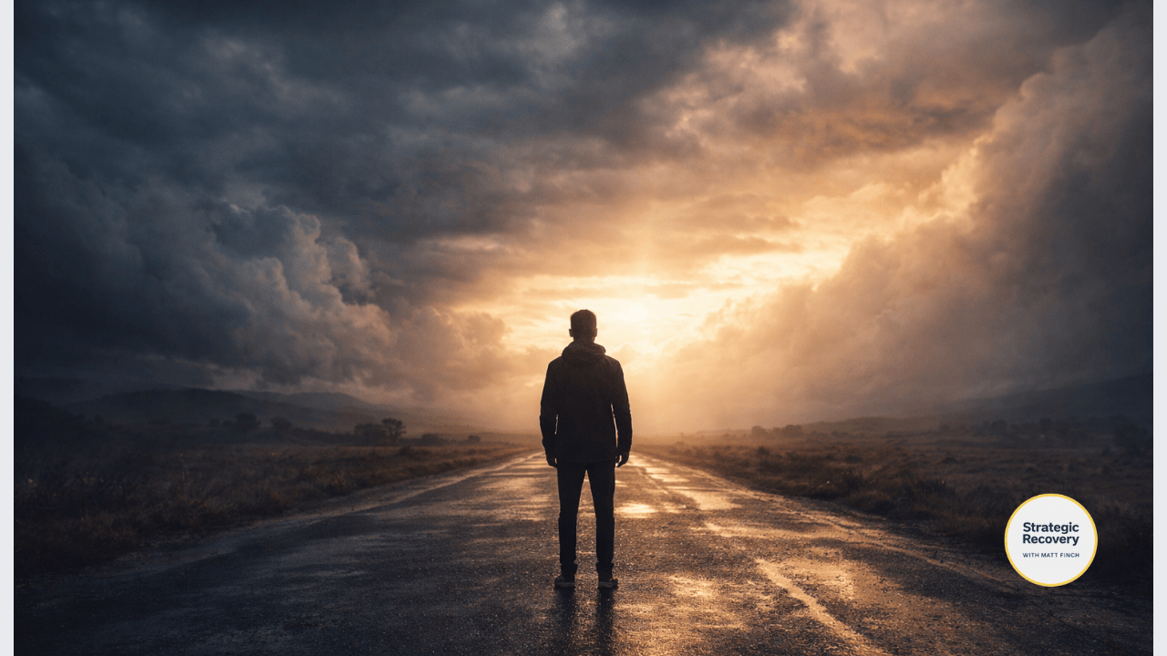 A solitary person standing on a wet road after a storm as sunlight breaks through dark clouds, symbolizing PAWS as a healing and recalibration phase.