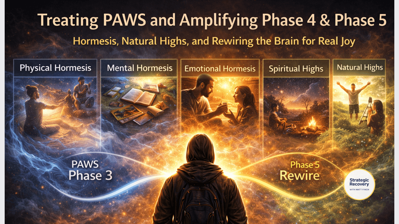 Cinematic illustration showing the transition from PAWS into Phase 4 and Phase 5, with pathways representing hormesis, natural highs, and brain rewiring toward sustainable joy.