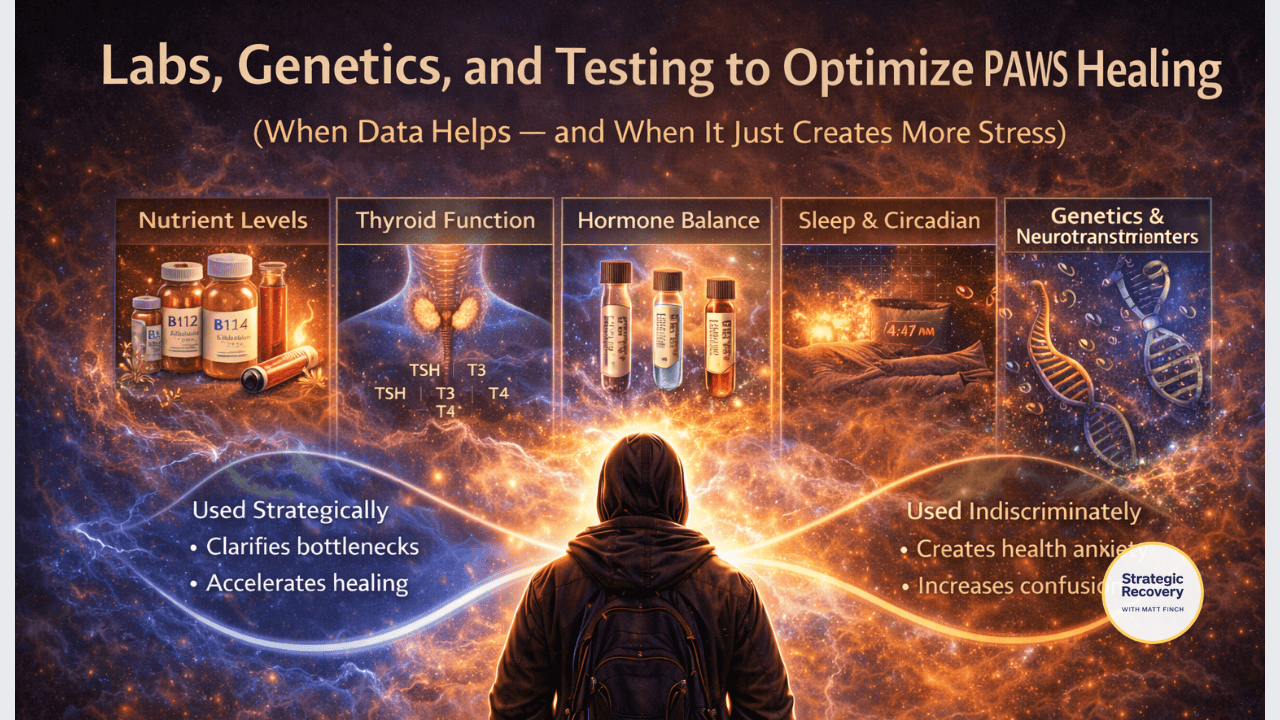 Cinematic illustration representing lab testing, genetics, and biological data guiding strategic PAWS healing without overwhelm or fear.