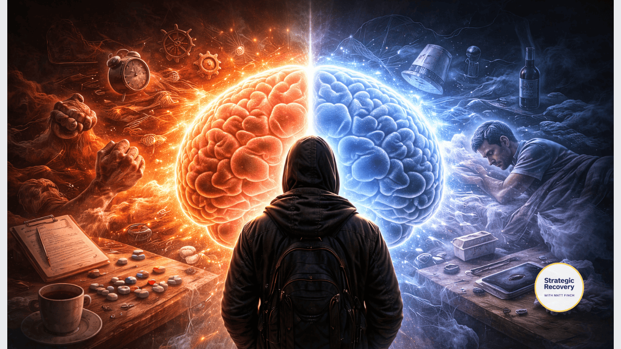 A person standing between two contrasting brain states—one fiery and activated, the other cool and withdrawn—symbolizing post-acute withdrawal syndrome as nervous system dysregulation between hyperarousal and hypoarousal.