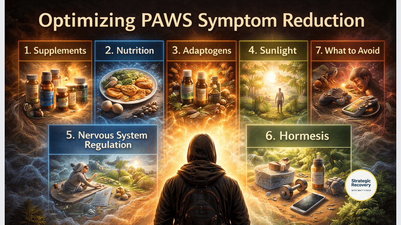 Cinematic image illustrating the Strategic Recovery approach to optimizing PAWS symptom reduction, showing a person centered between pathways of nutrition, supplements, sunlight, nervous system regulation, hormesis, and reduced stimulation, symbolizing alignment-based healing.