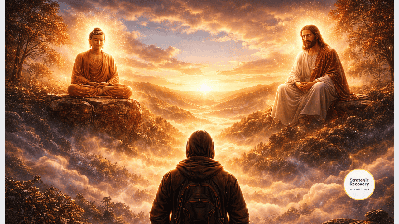 A lone figure standing at sunrise in a vast landscape, symbolizing patient endurance, spiritual steadiness, and inner healing during PAWS.